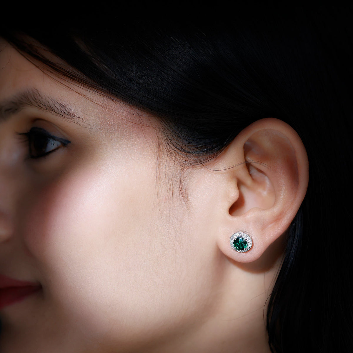 Emerald Diamond Stud Earrings – 6mm Round Halo Studs | Lab Grown Prong Setting