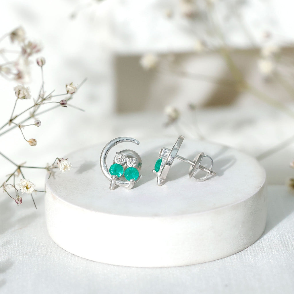 Emerald Diamond Stud Earrings | Celestial Cat Moon Earrings with AAA Grade Emeralds & Diamonds