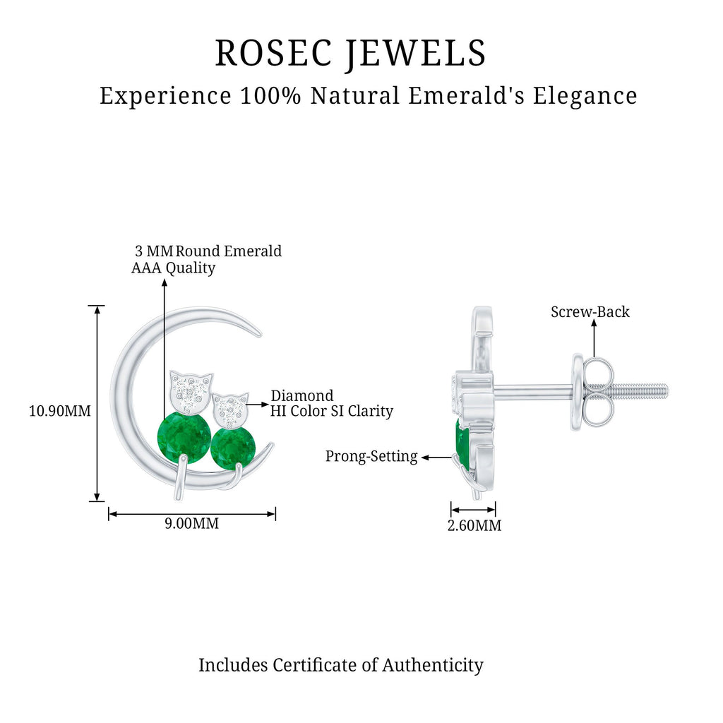 Emerald Diamond Stud Earrings | Celestial Cat Moon Earrings with AAA Grade Emeralds & Diamonds