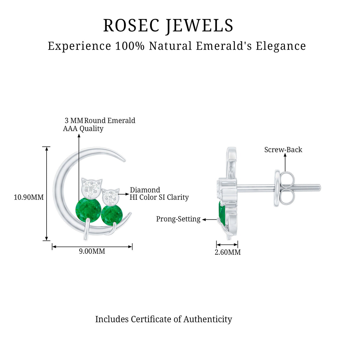 Emerald Diamond Stud Earrings | Celestial Cat Moon Earrings with AAA Grade Emeralds & Diamonds