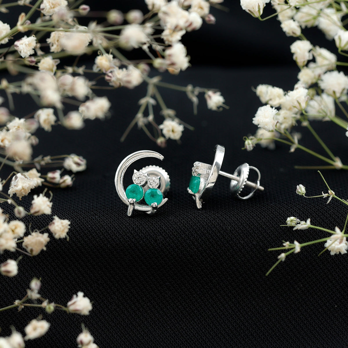 Emerald Diamond Stud Earrings | Celestial Cat Moon Earrings with AAA Grade Emeralds & Diamonds