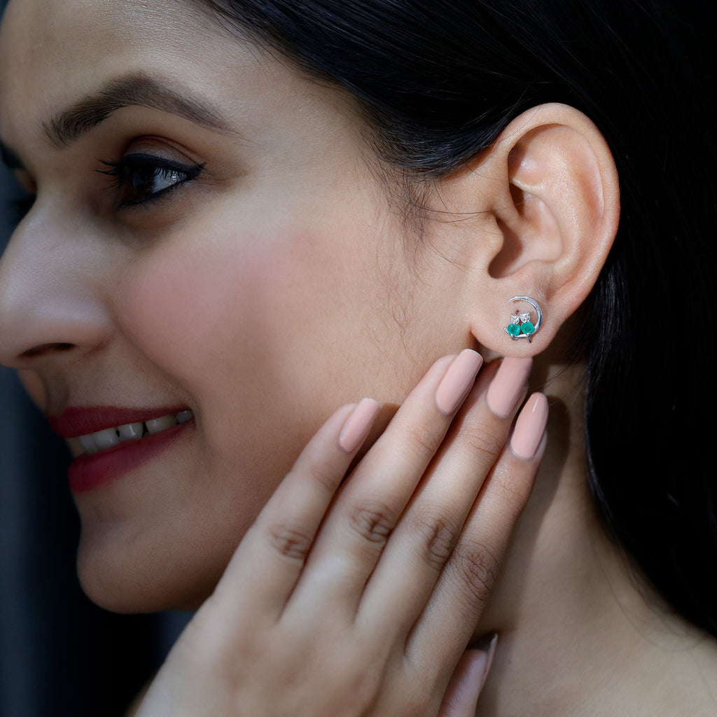 Emerald Diamond Stud Earrings | Celestial Cat Moon Earrings with AAA Grade Emeralds & Diamonds