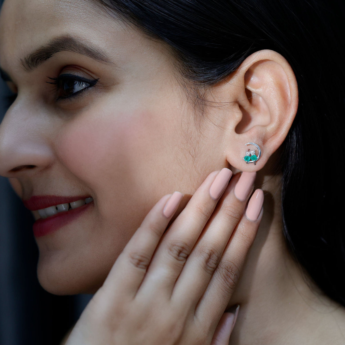 Emerald Diamond Stud Earrings | Celestial Cat Moon Earrings with AAA Grade Emeralds & Diamonds