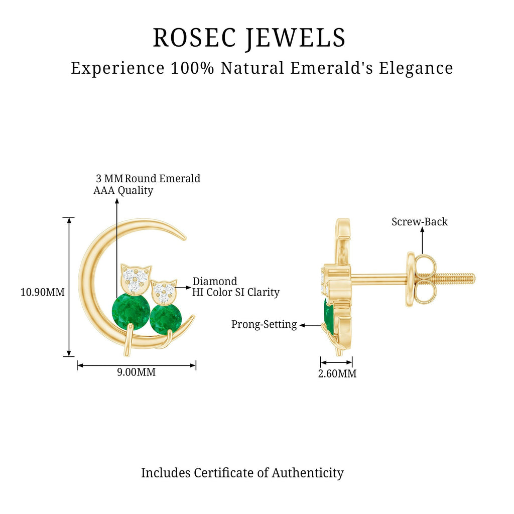 Emerald Diamond Stud Earrings | Celestial Cat Moon Earrings with AAA Grade Emeralds & Diamonds