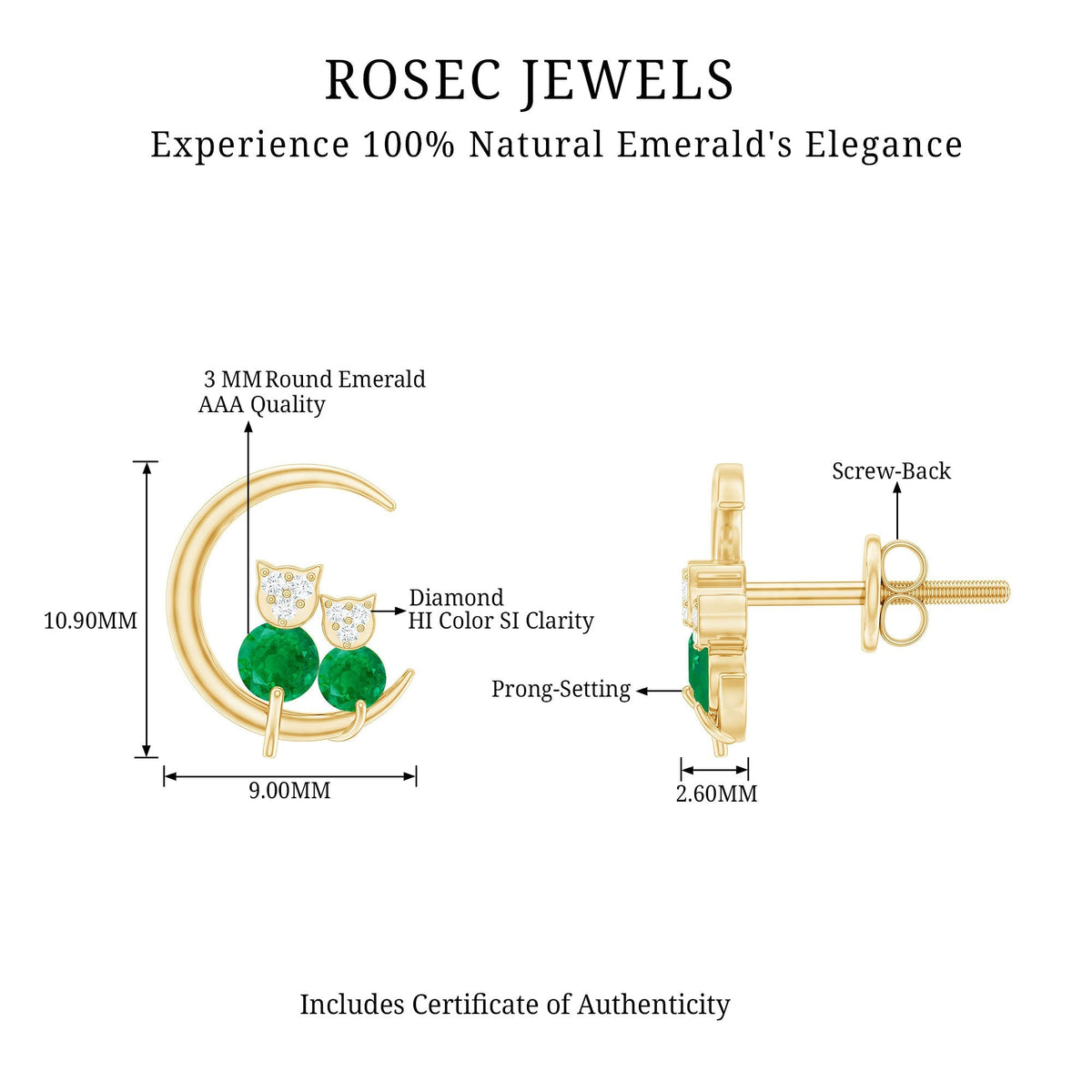 Emerald Diamond Stud Earrings | Celestial Cat Moon Earrings with AAA Grade Emeralds & Diamonds
