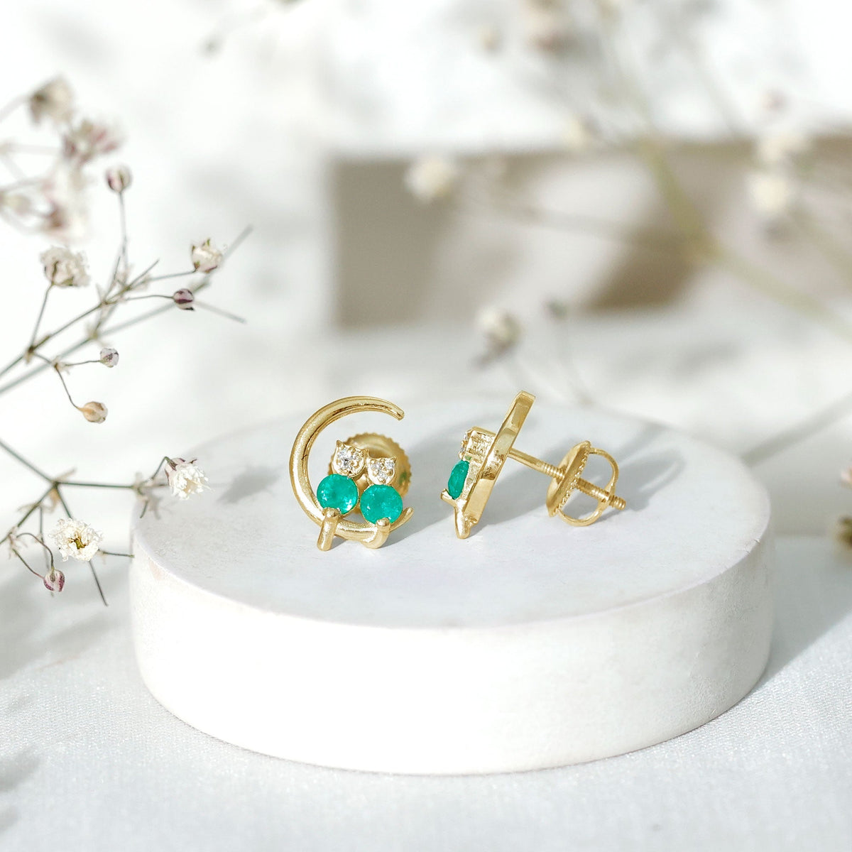 Emerald Diamond Stud Earrings | Celestial Cat Moon Earrings with AAA Grade Emeralds & Diamonds