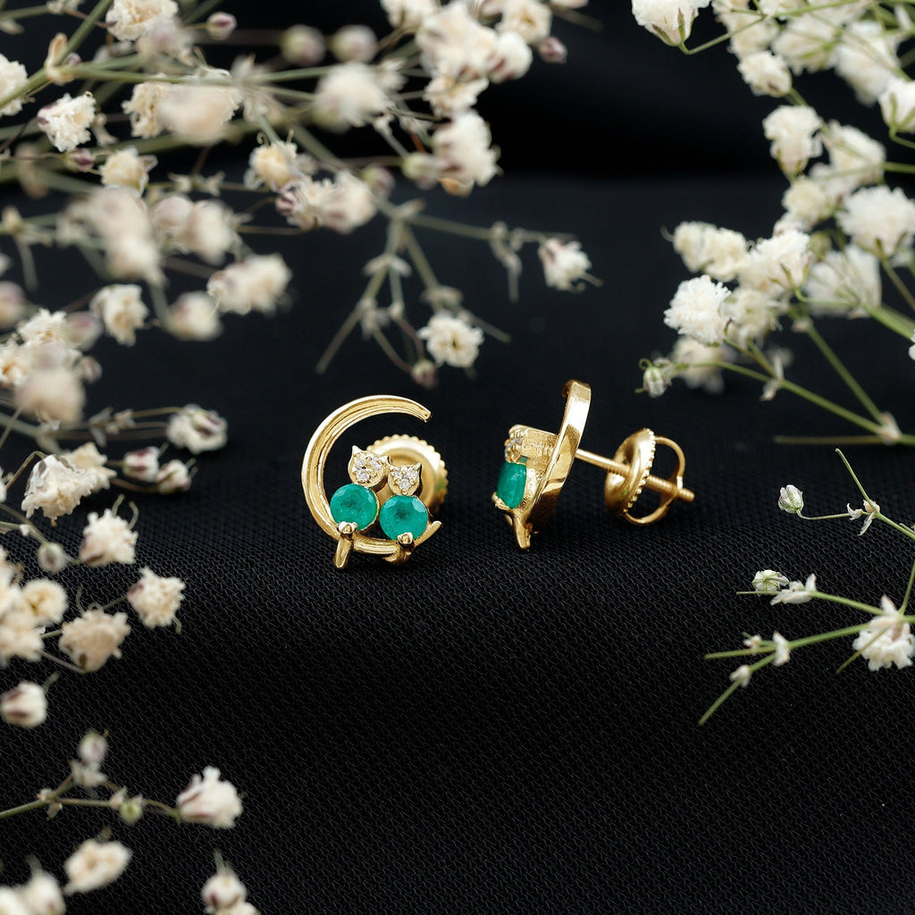 Emerald Diamond Stud Earrings | Celestial Cat Moon Earrings with AAA Grade Emeralds & Diamonds