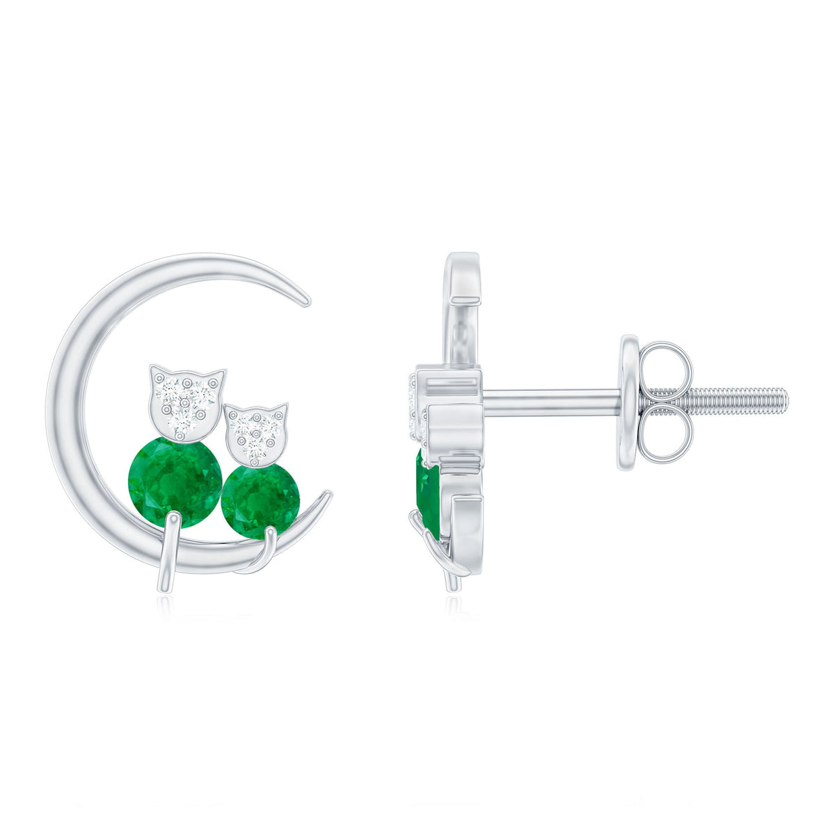 Emerald Diamond Stud Earrings | Celestial Cat Moon Earrings with AAA Grade Emeralds & Diamonds