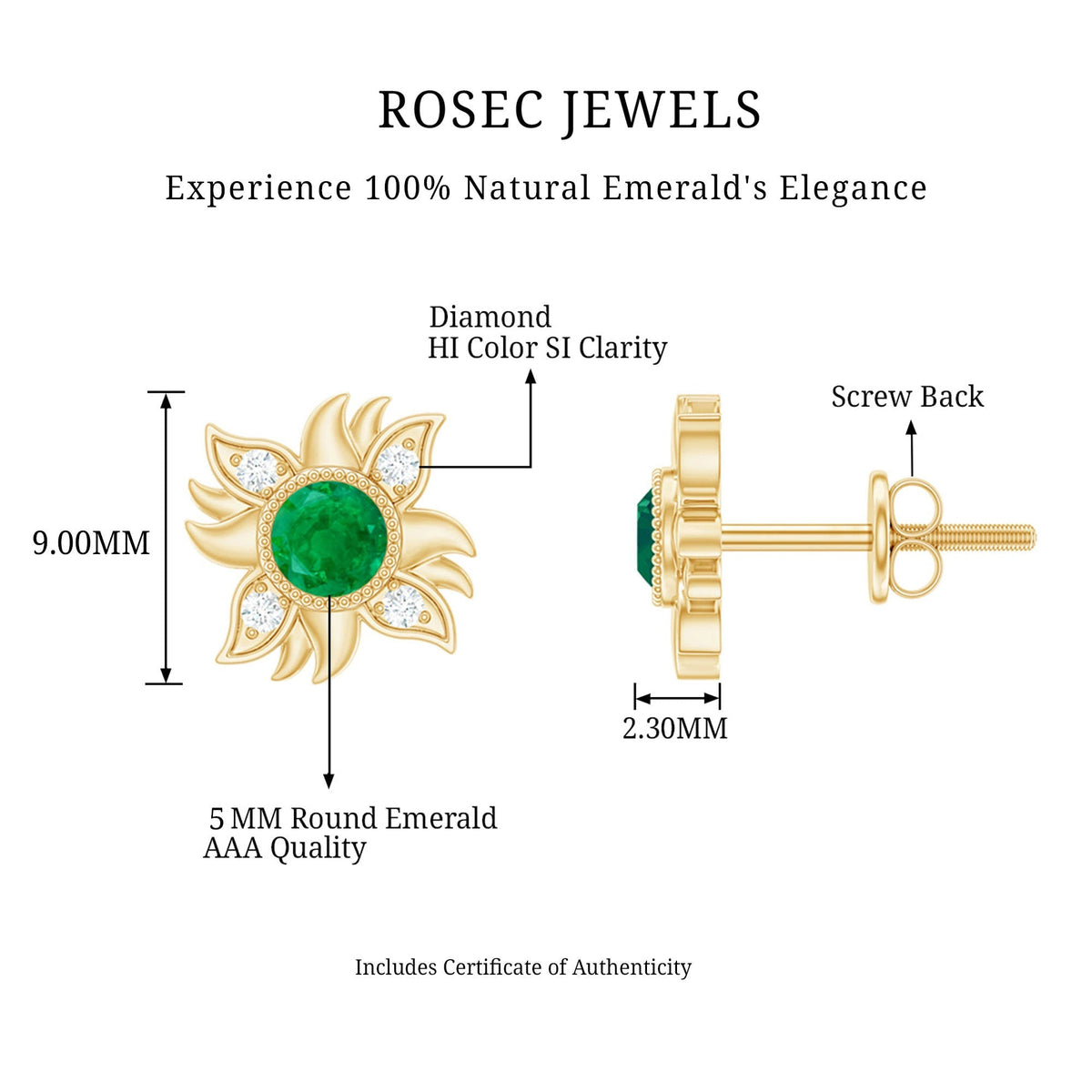 Emerald Diamond Stud Earrings – Round Emerald Sunburst Studs With Screw Back