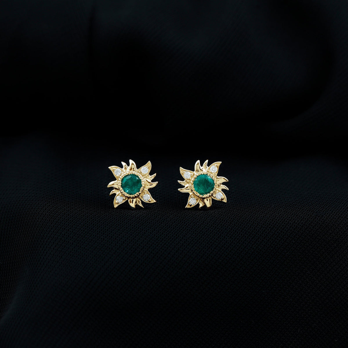 Emerald Diamond Stud Earrings – Round Emerald Sunburst Studs With Screw Back