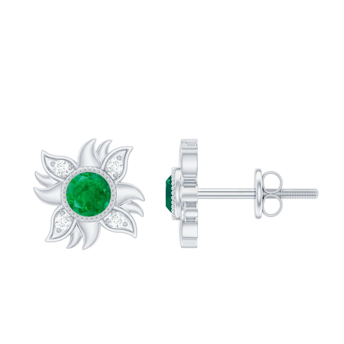 Emerald Diamond Stud Earrings – Round Emerald Sunburst Studs With Screw Back