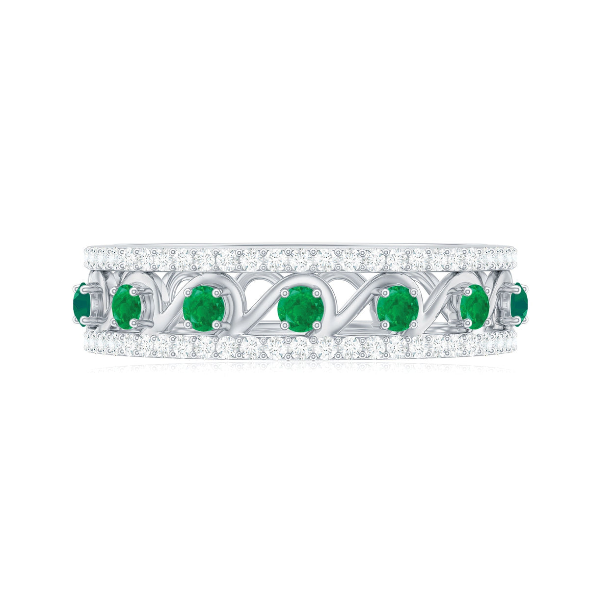 Emerald Diamond Wedding Band – Designer Half Eternity Ring with AAA Quality Emerald