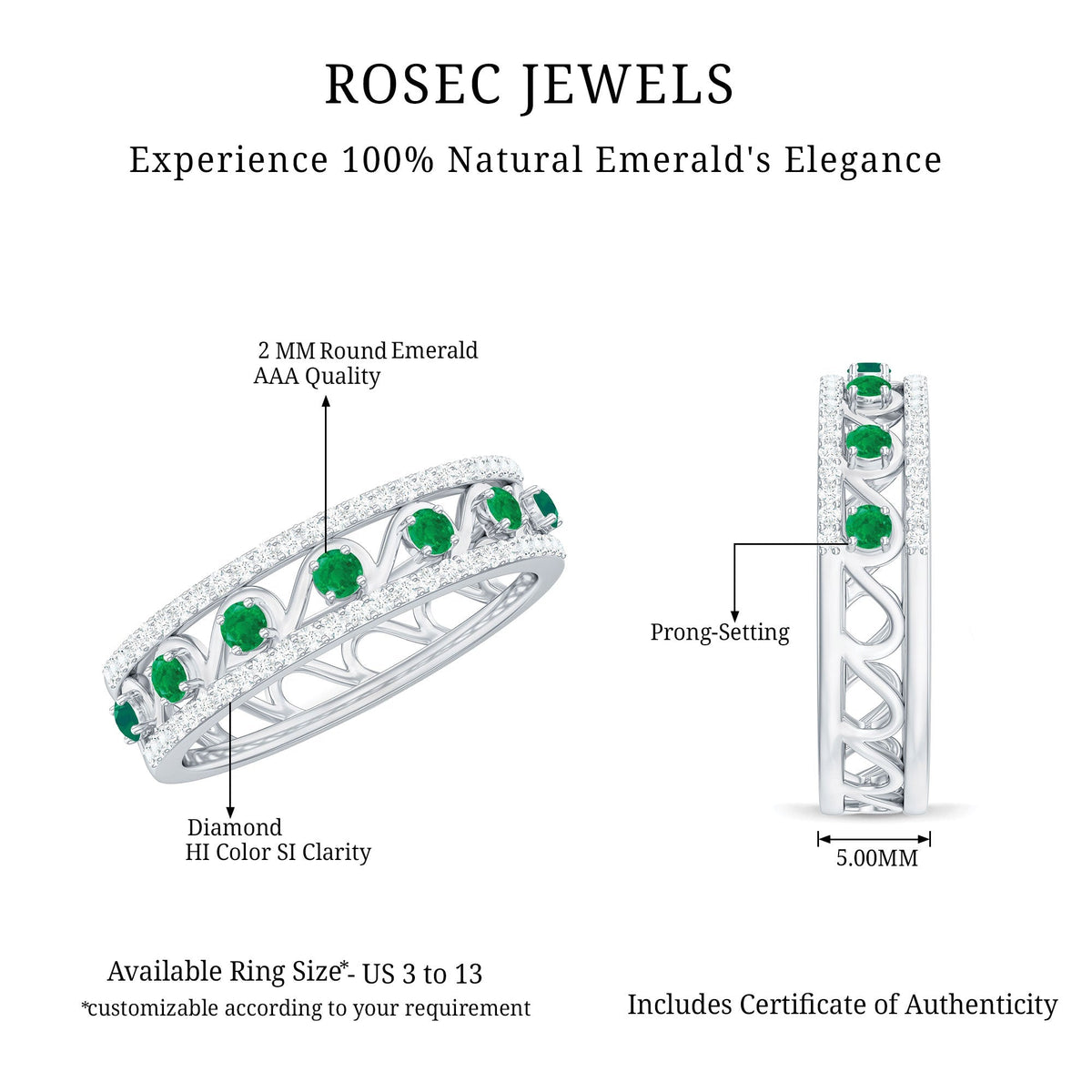 Emerald Diamond Wedding Band – Designer Half Eternity Ring with AAA Quality Emerald
