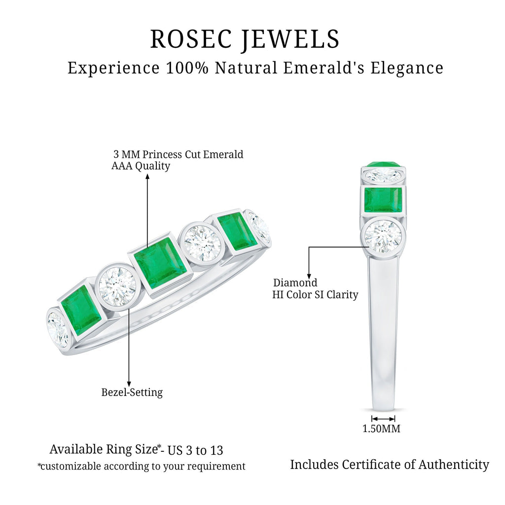 Emerald Diamond Wedding Band – Half Eternity Bezel Set Ring with AAA Emeralds & HI-SI Diamonds