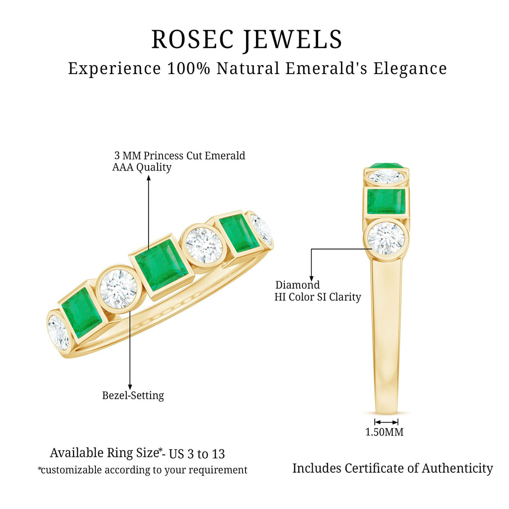 Emerald Diamond Wedding Band – Half Eternity Bezel Set Ring with AAA Emeralds & HI-SI Diamonds