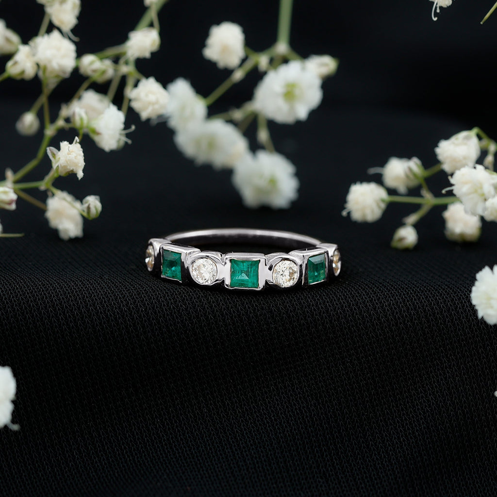 Emerald Diamond Wedding Band – Half Eternity Bezel Set Ring with AAA Emeralds & HI-SI Diamonds