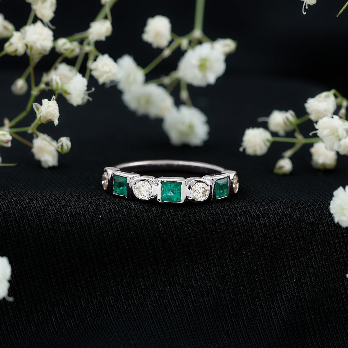 Emerald Diamond Wedding Band – Half Eternity Bezel Set Ring with AAA Emeralds & HI-SI Diamonds