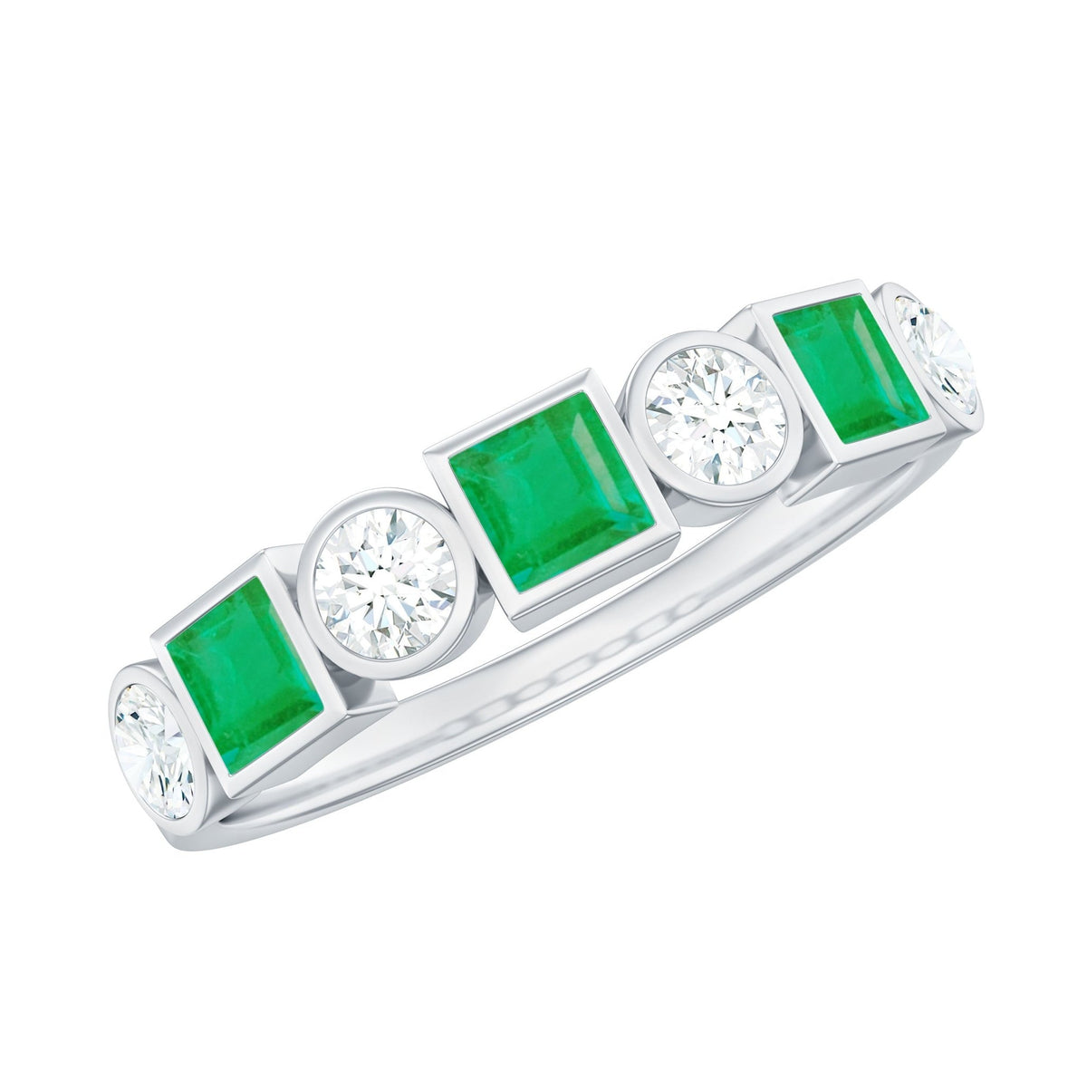 Emerald Diamond Wedding Band – Half Eternity Bezel Set Ring with AAA Emeralds & HI-SI Diamonds