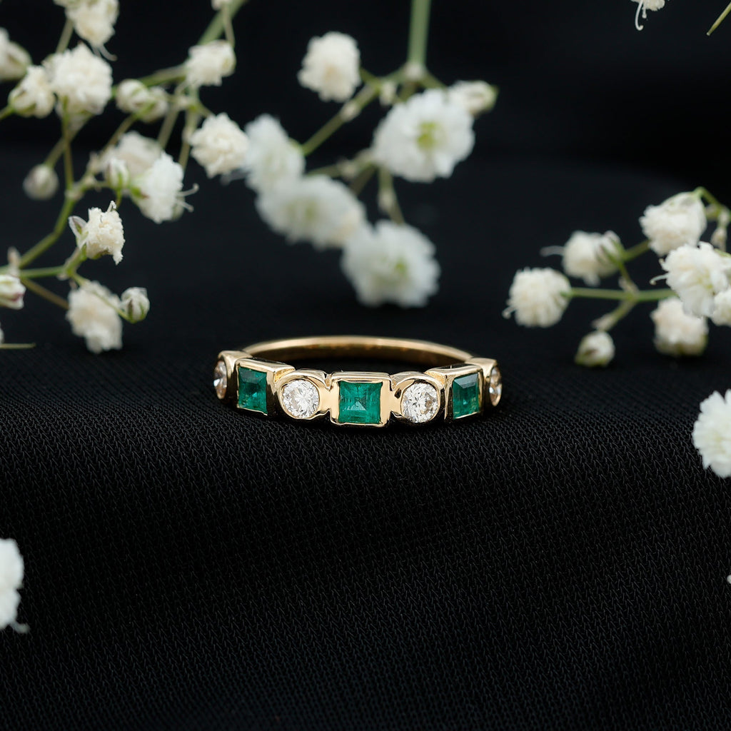 Emerald Diamond Wedding Band – Half Eternity Bezel Set Ring with AAA Emeralds & HI-SI Diamonds