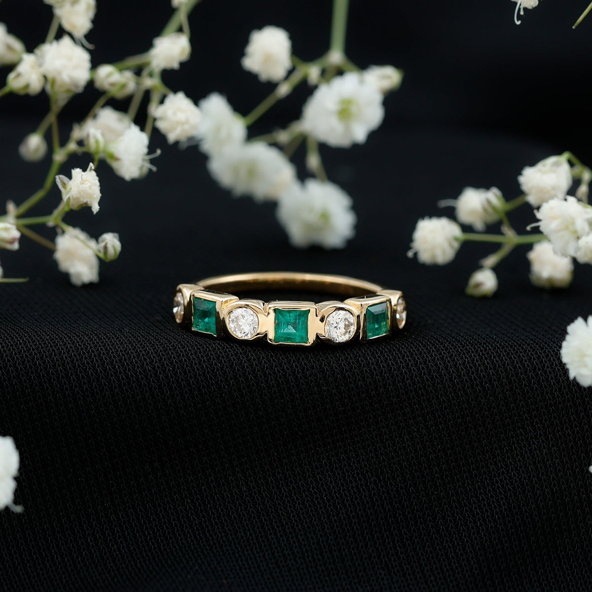 Emerald Diamond Wedding Band – Half Eternity Bezel Set Ring with AAA Emeralds & HI-SI Diamonds