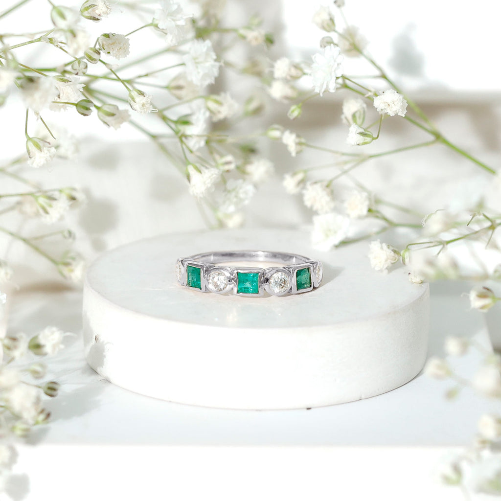 Emerald Diamond Wedding Band – Half Eternity Bezel Set Ring with AAA Emeralds & HI-SI Diamonds