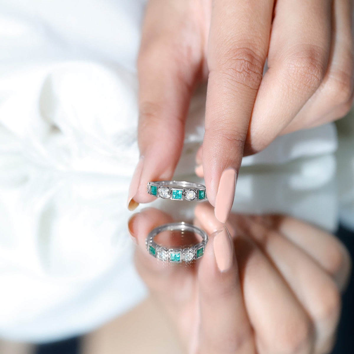 Emerald Diamond Wedding Band – Half Eternity Bezel Set Ring with AAA Emeralds & HI-SI Diamonds
