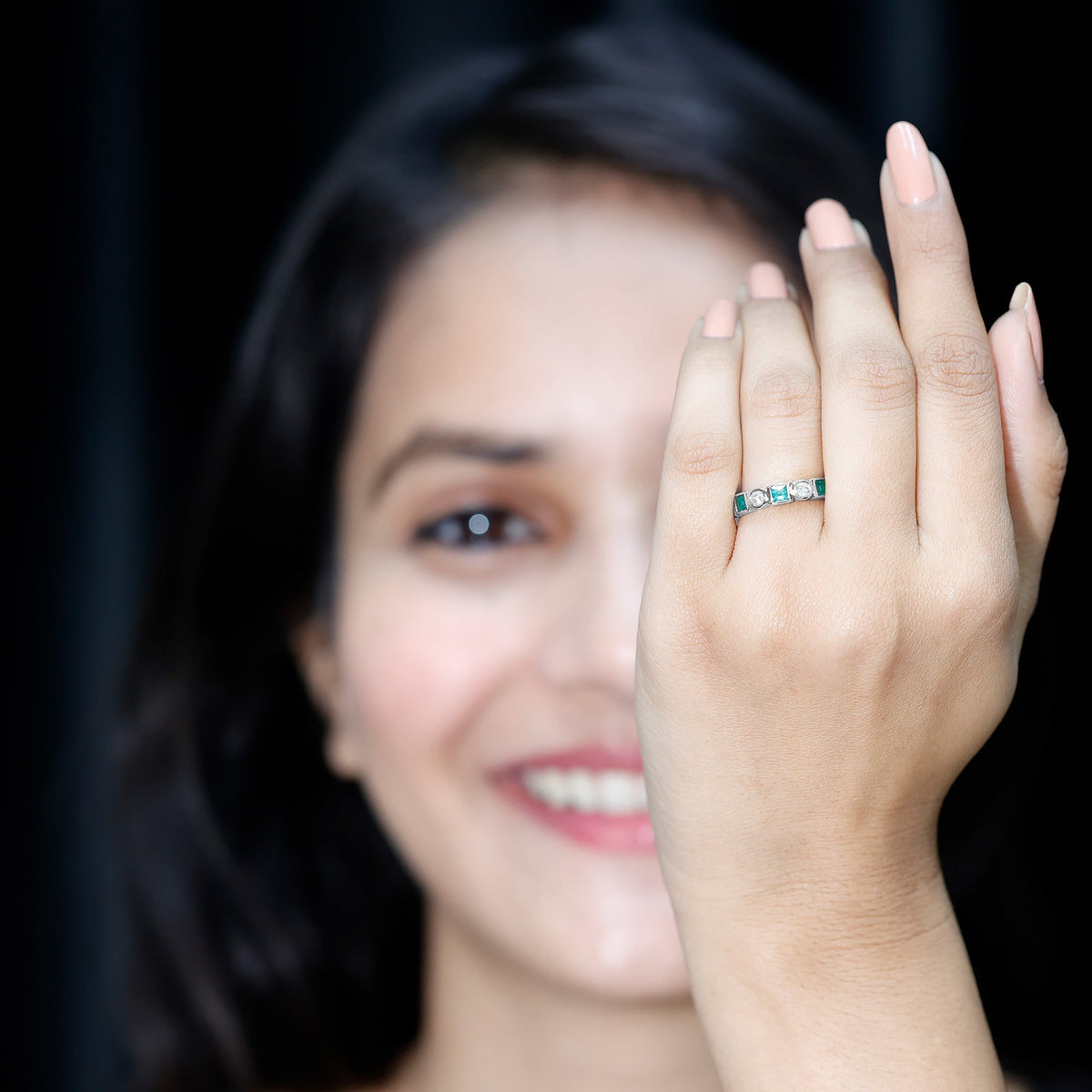 Emerald Diamond Wedding Band – Half Eternity Bezel Set Ring with AAA Emeralds & HI-SI Diamonds