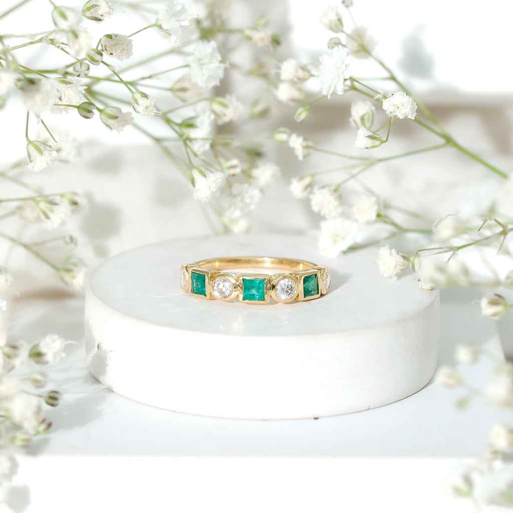 Emerald Diamond Wedding Band – Half Eternity Bezel Set Ring with AAA Emeralds & HI-SI Diamonds