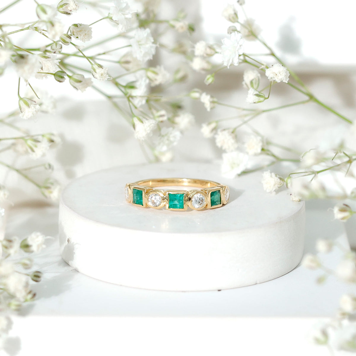 Emerald Diamond Wedding Band – Half Eternity Bezel Set Ring with AAA Emeralds & HI-SI Diamonds