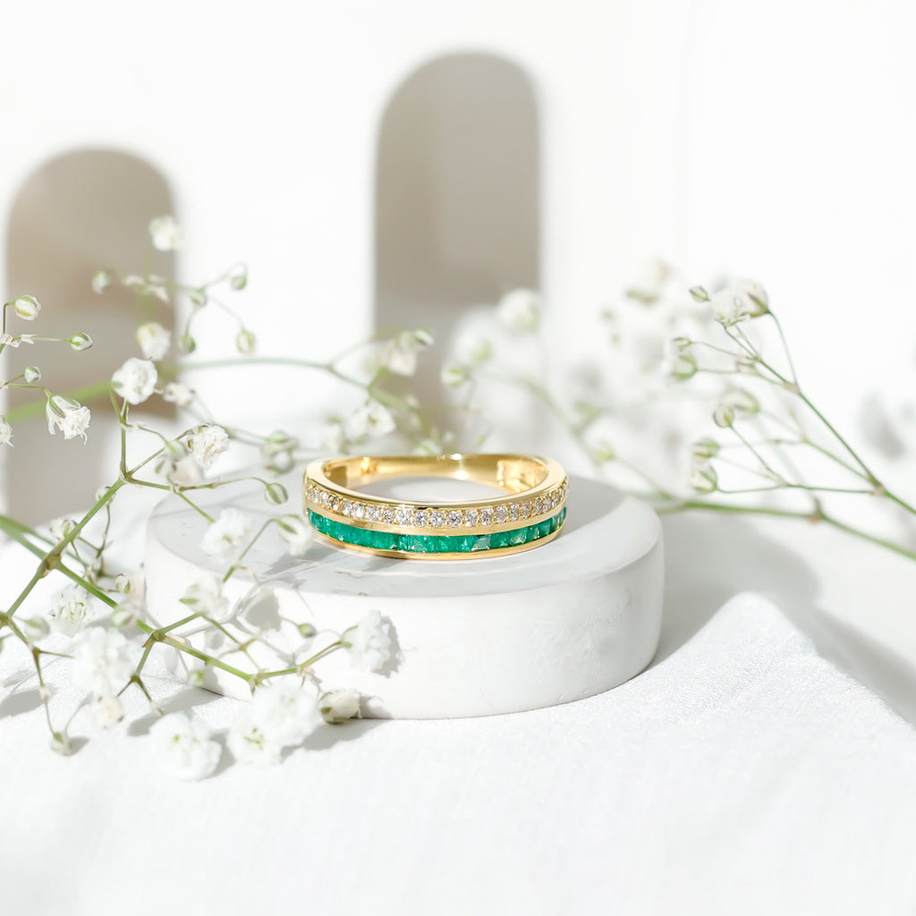 Emerald Diamond Wedding Band - Half Eternity Ring With Princess Cut Emeralds & Diamonds