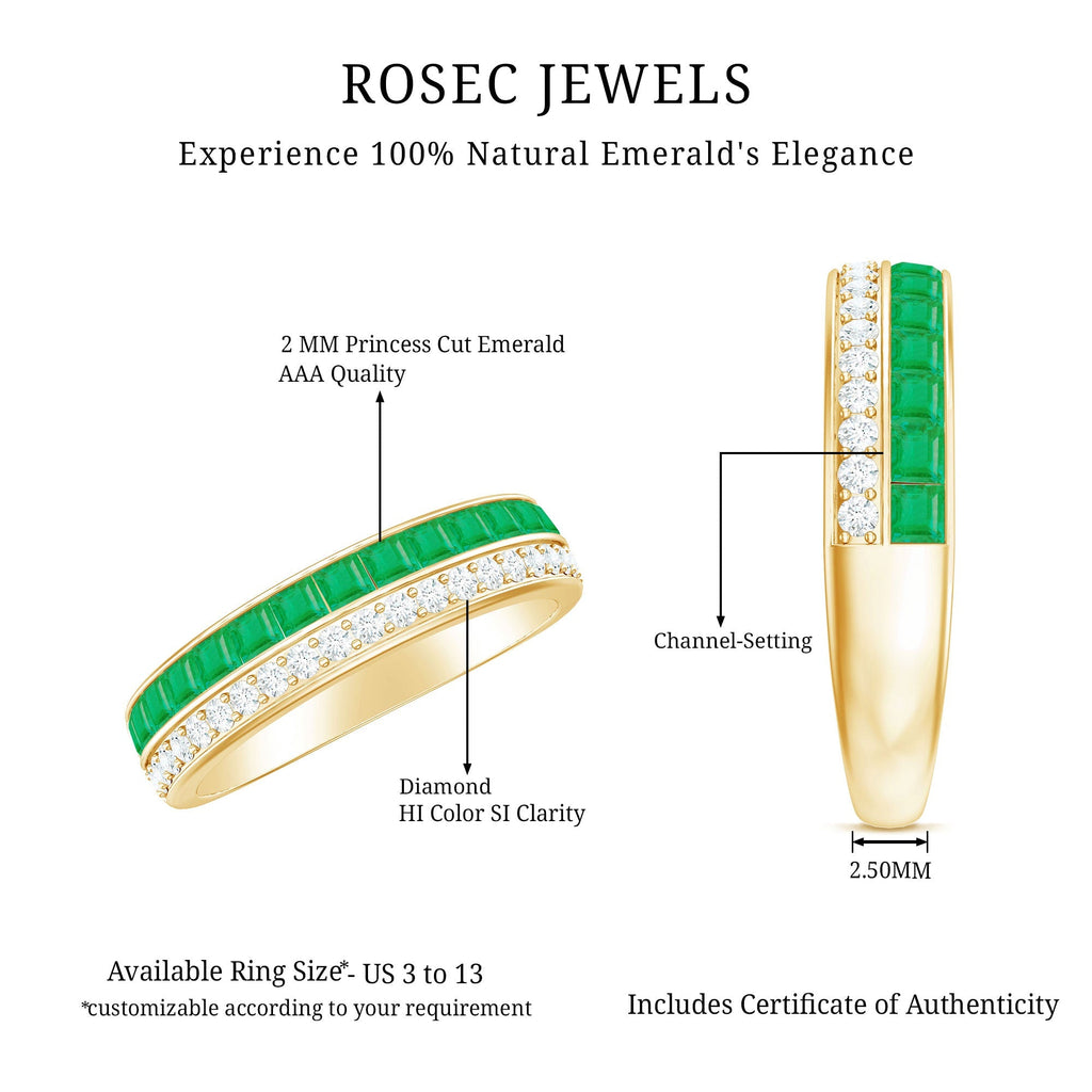 Emerald Diamond Wedding Band - Half Eternity Ring With Princess Cut Emeralds & Diamonds