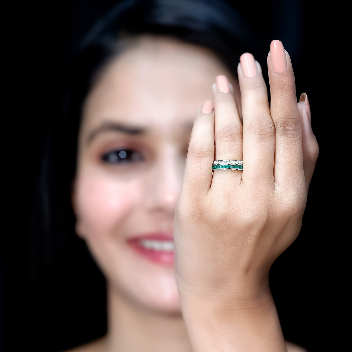Emerald Diamond Wedding Band - Half Eternity Ring With Princess Cut Emeralds & Diamonds