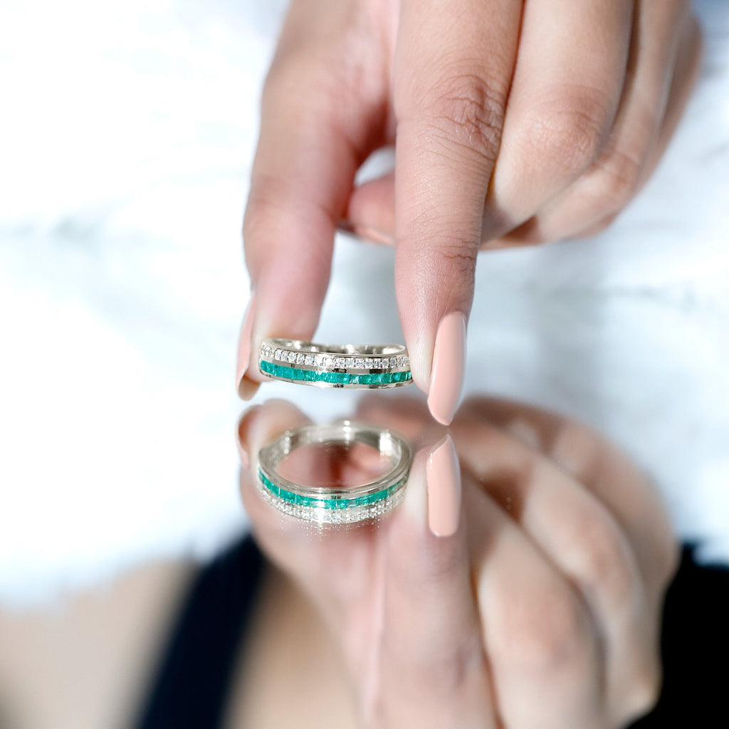 Emerald Diamond Wedding Band - Half Eternity Ring With Princess Cut Emeralds & Diamonds
