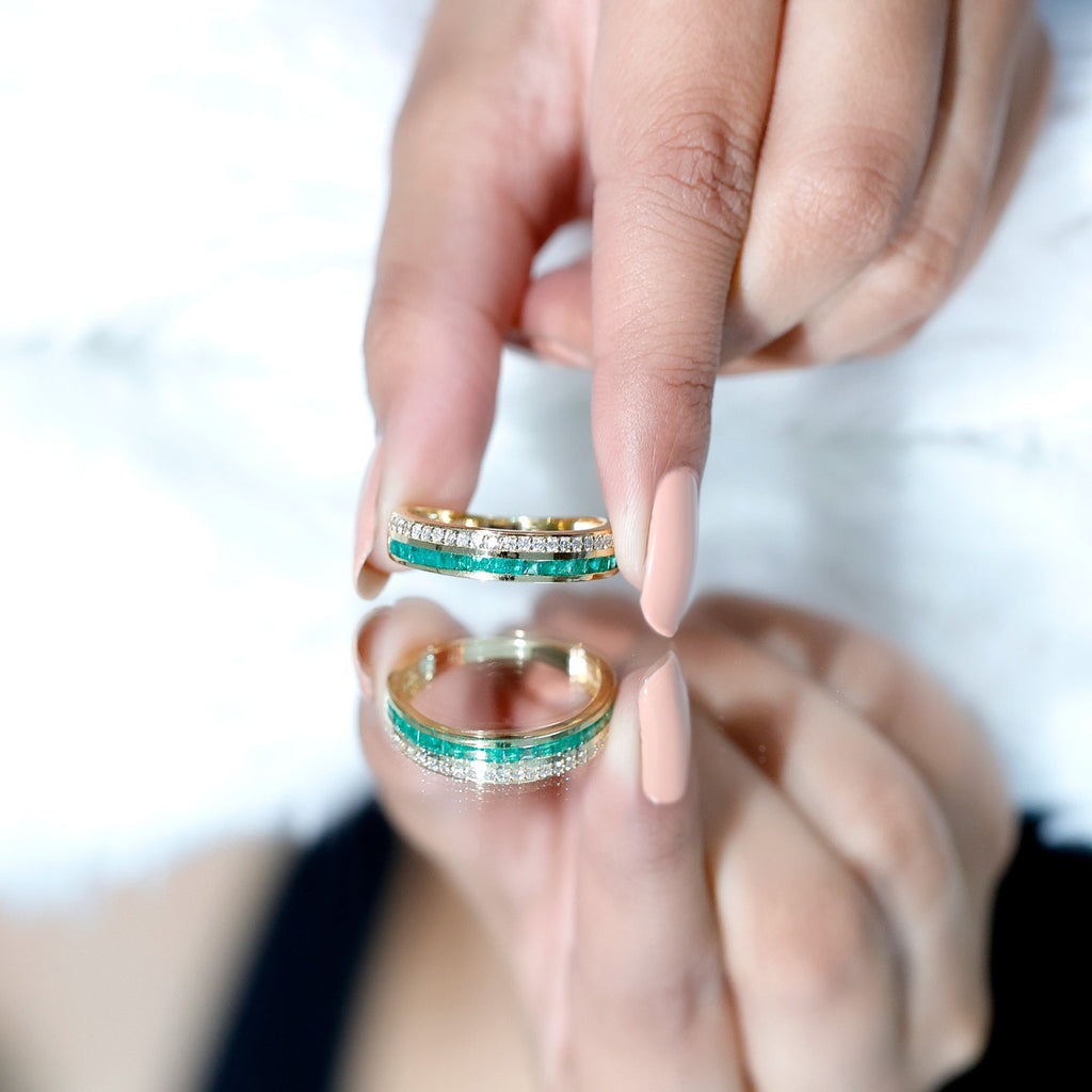 Emerald Diamond Wedding Band - Half Eternity Ring With Princess Cut Emeralds & Diamonds