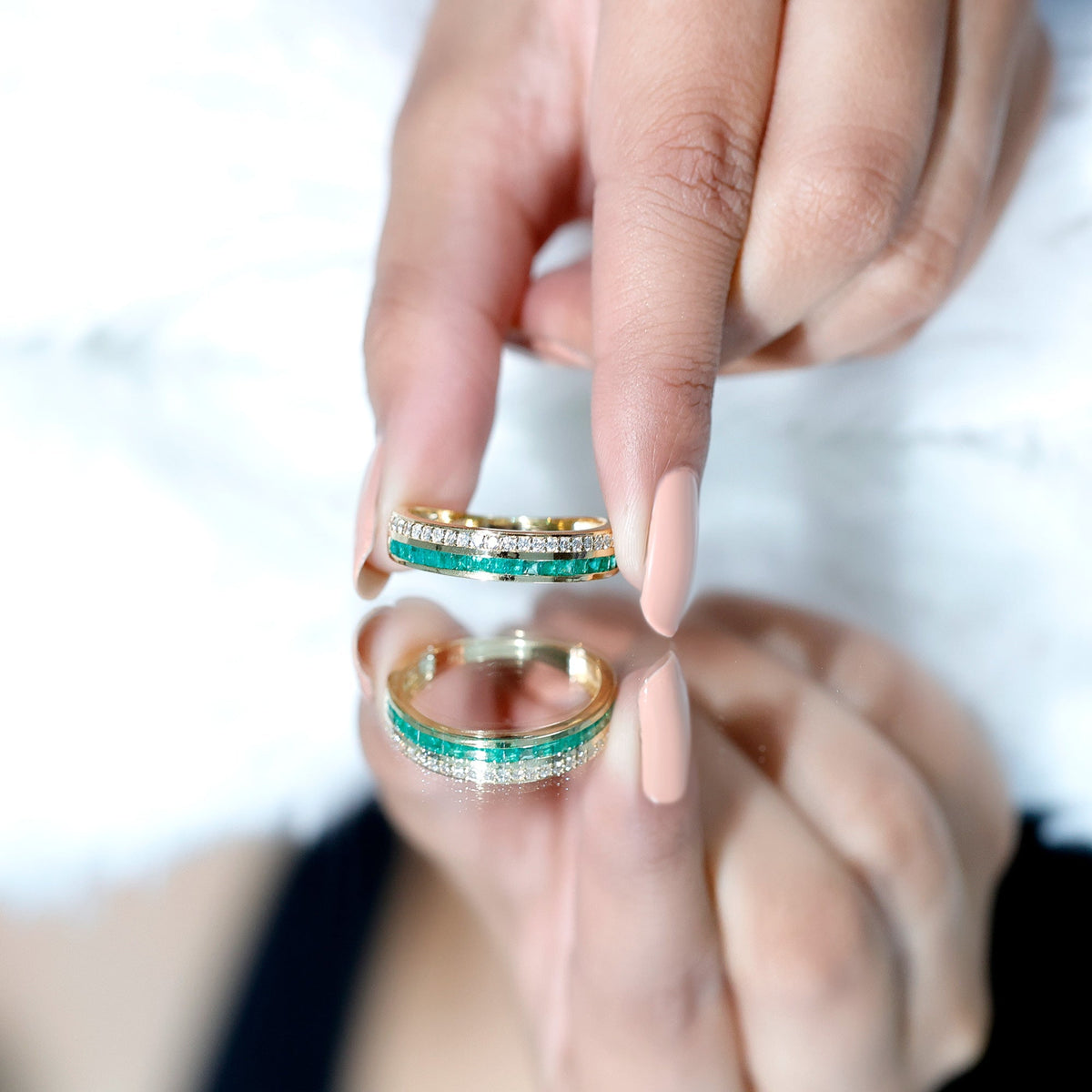 Emerald Diamond Wedding Band - Half Eternity Ring With Princess Cut Emeralds & Diamonds