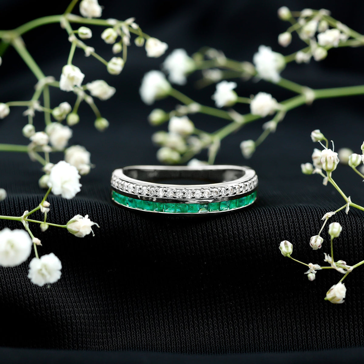 Emerald Diamond Wedding Band - Half Eternity Ring With Princess Cut Emeralds & Diamonds