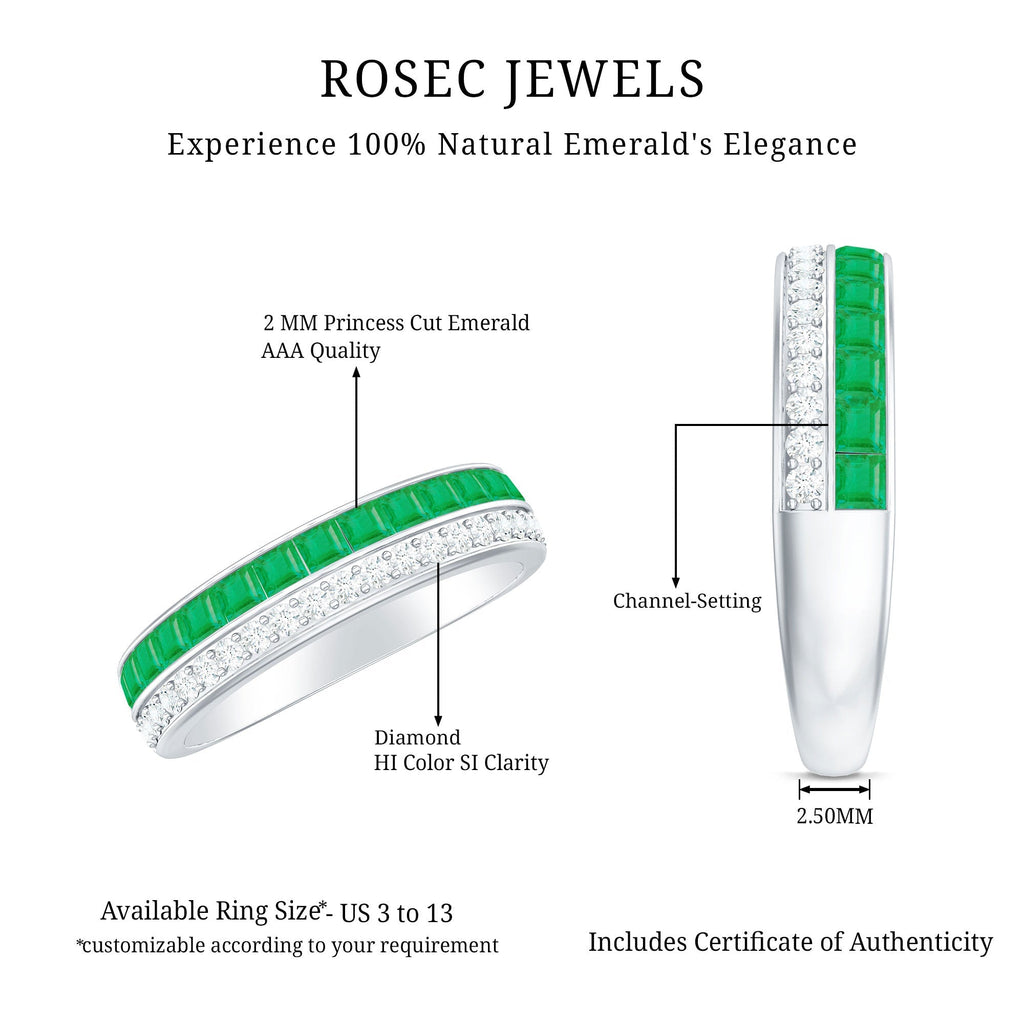 Emerald Diamond Wedding Band - Half Eternity Ring With Princess Cut Emeralds & Diamonds