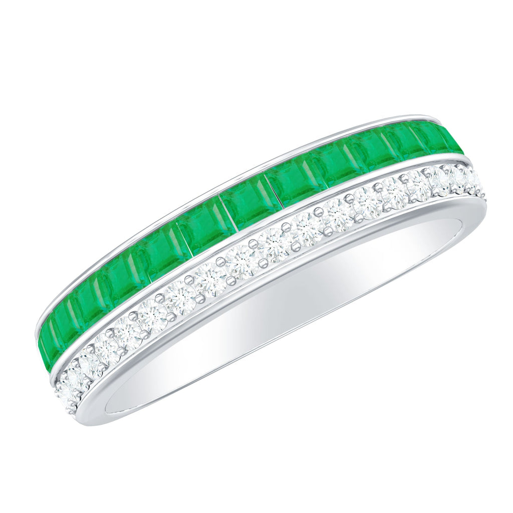 Emerald Diamond Wedding Band - Half Eternity Ring With Princess Cut Emeralds & Diamonds