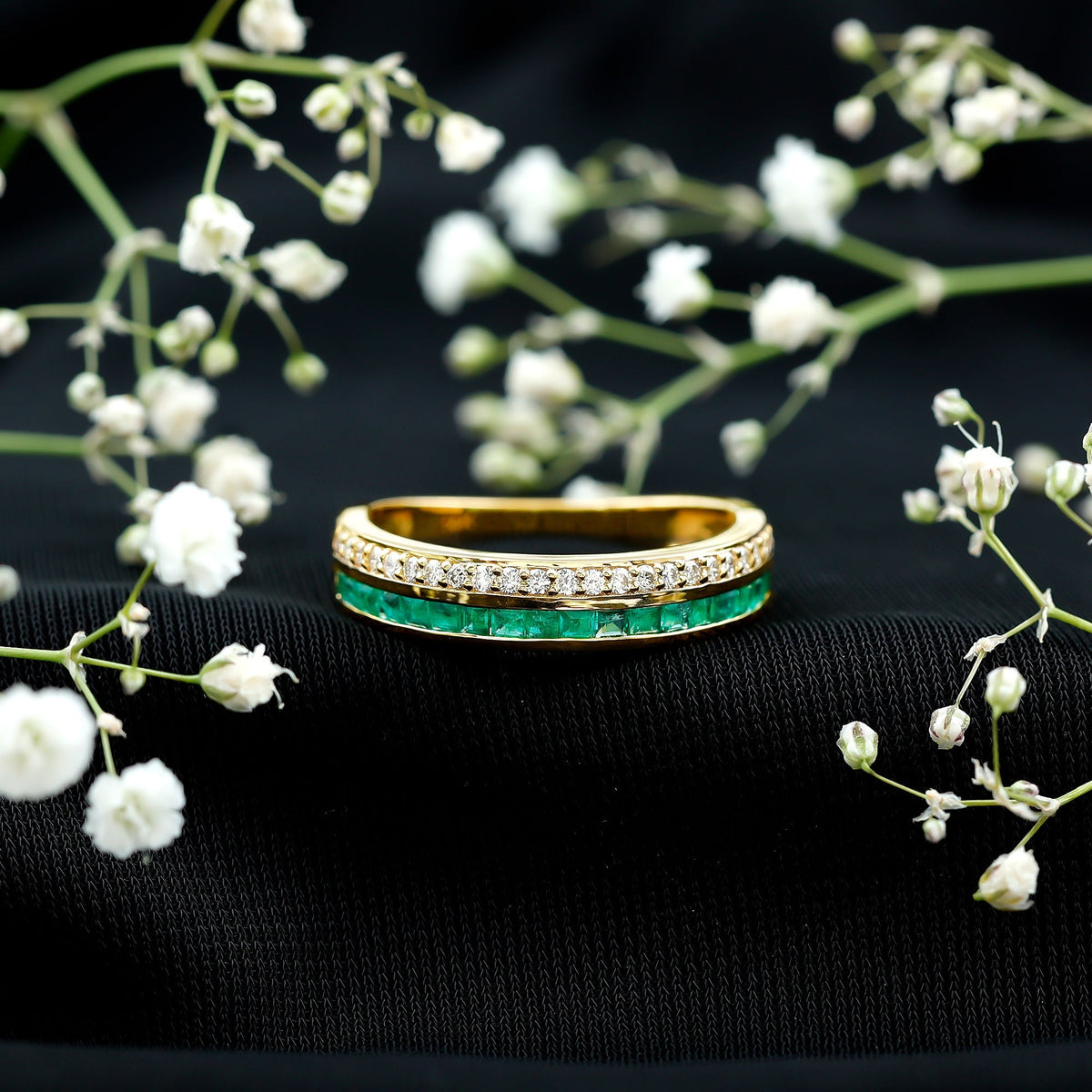 Emerald Diamond Wedding Band - Half Eternity Ring With Princess Cut Emeralds & Diamonds