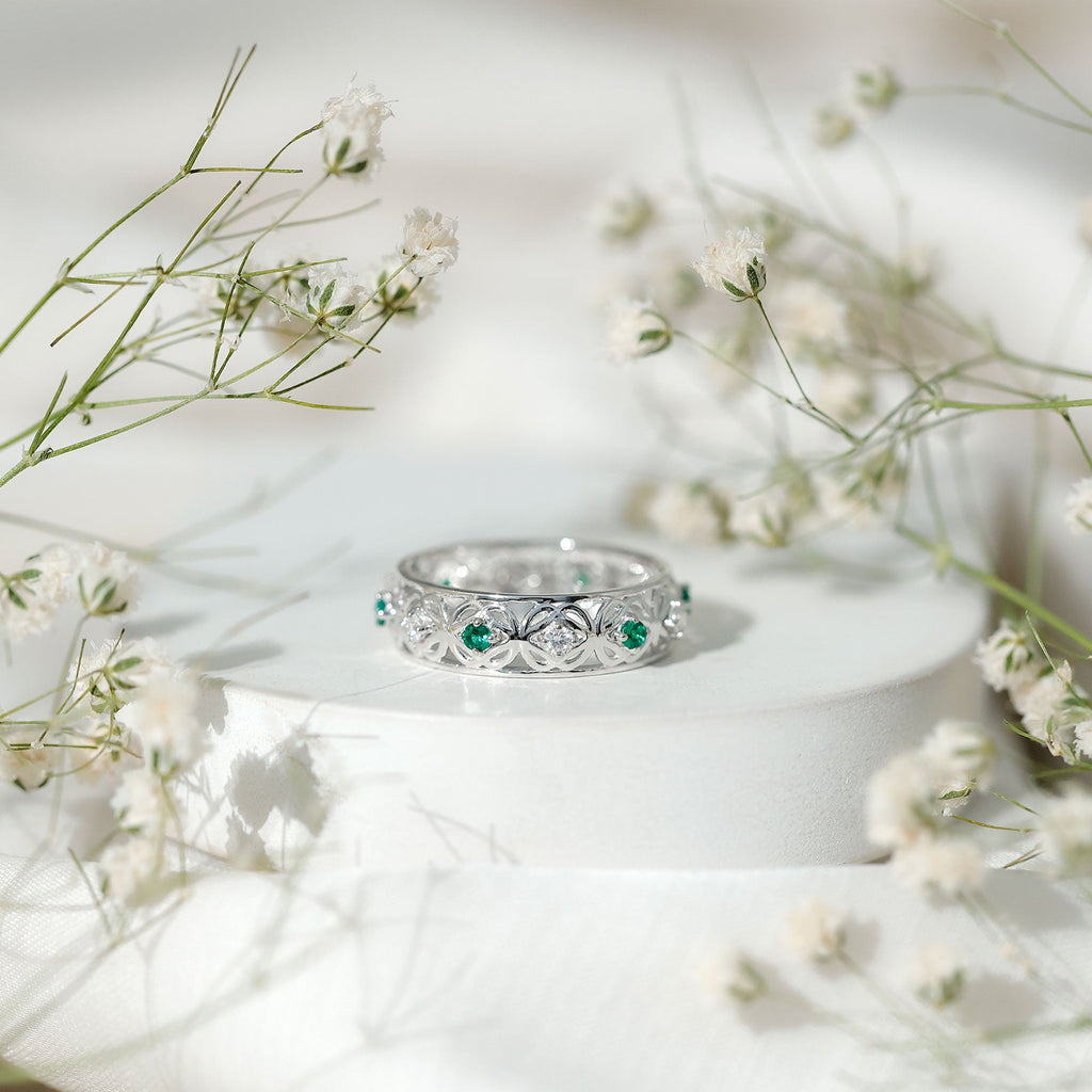 Emerald Diamond Wedding Band – Vintage Celtic Band Ring with Lab Created Emerald & Diamonds