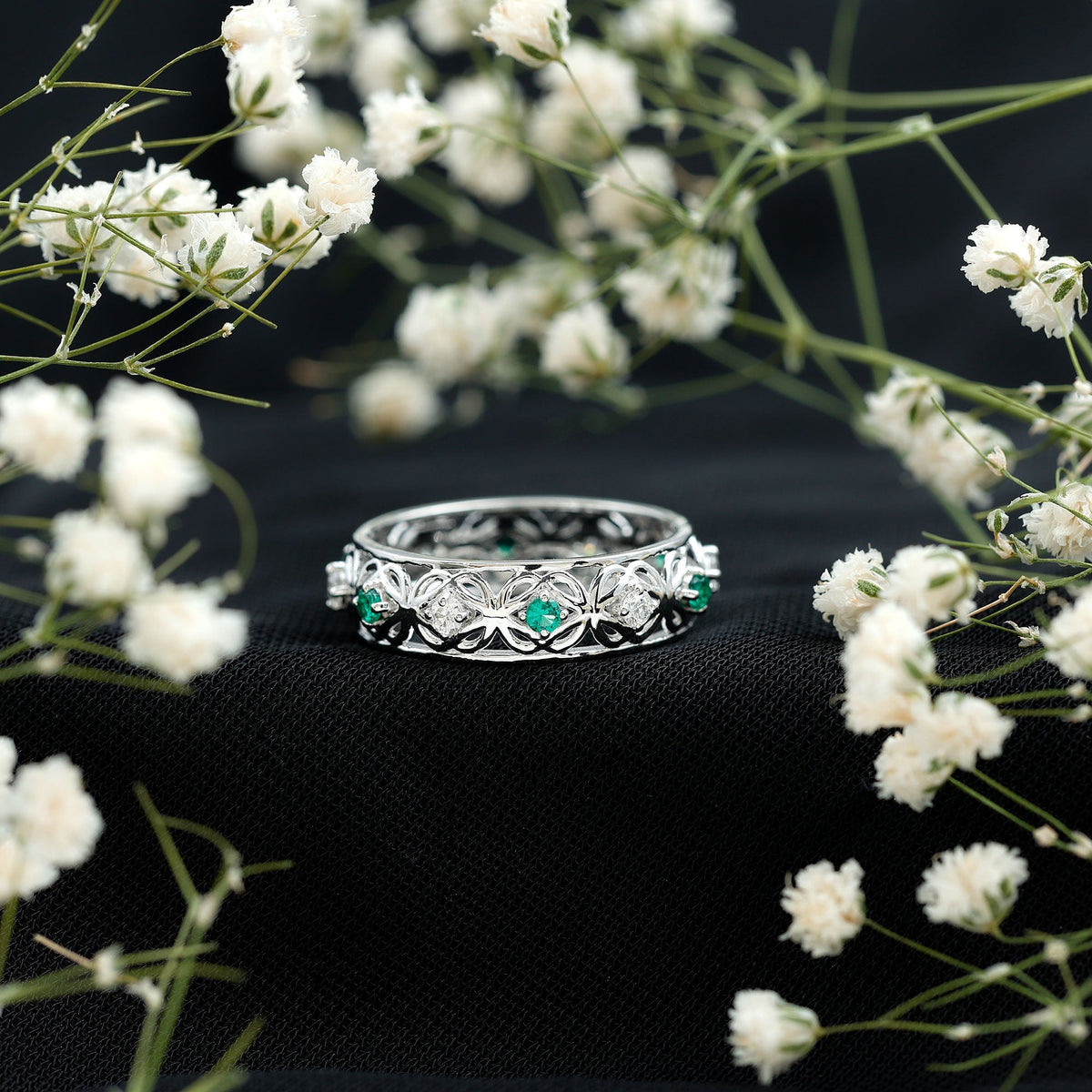 Emerald Diamond Wedding Band – Vintage Celtic Band Ring with Lab Created Emerald & Diamonds