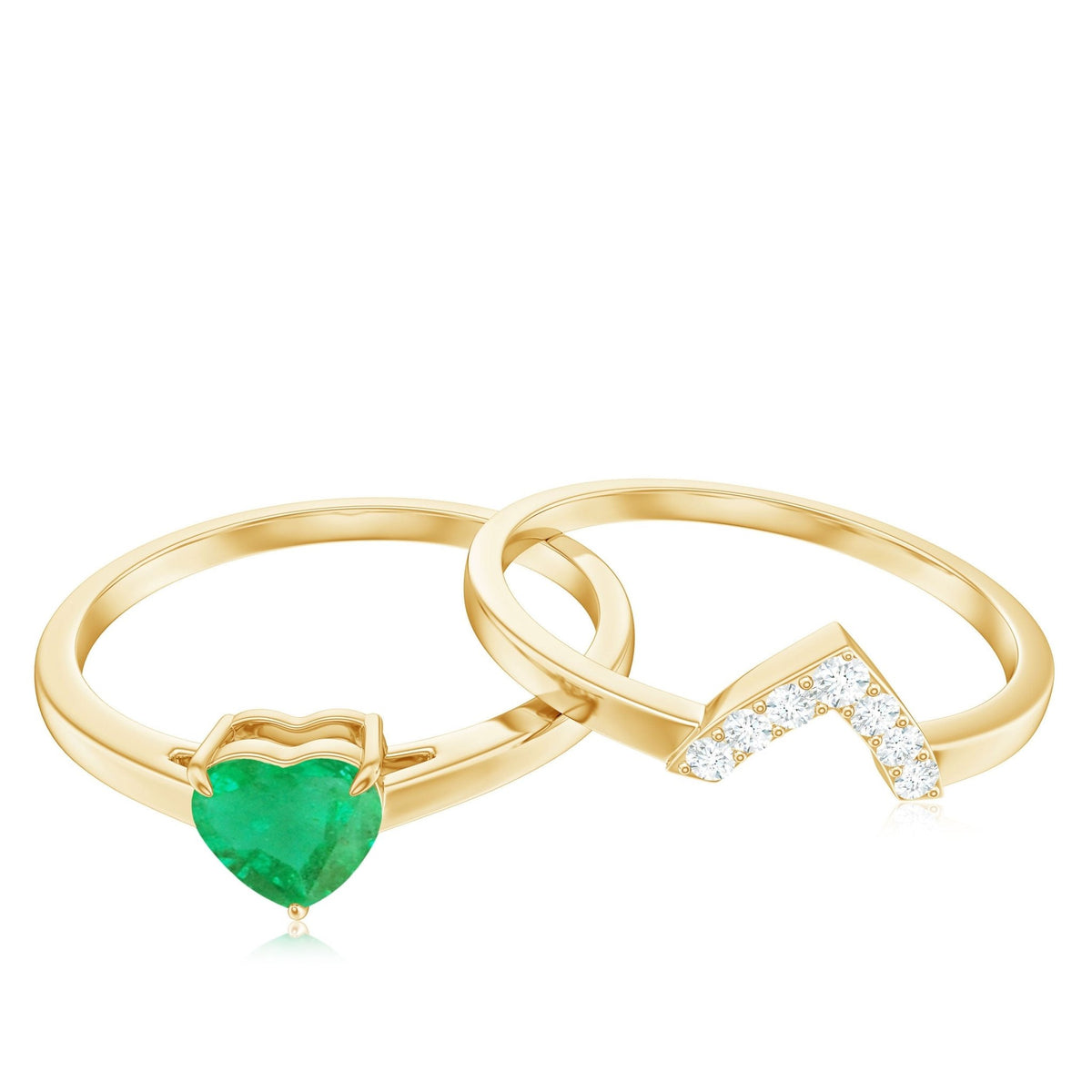 Emerald Diamond Wedding Ring - Heart Shape Solitaire Engagement Ring Set | V Shaped Band