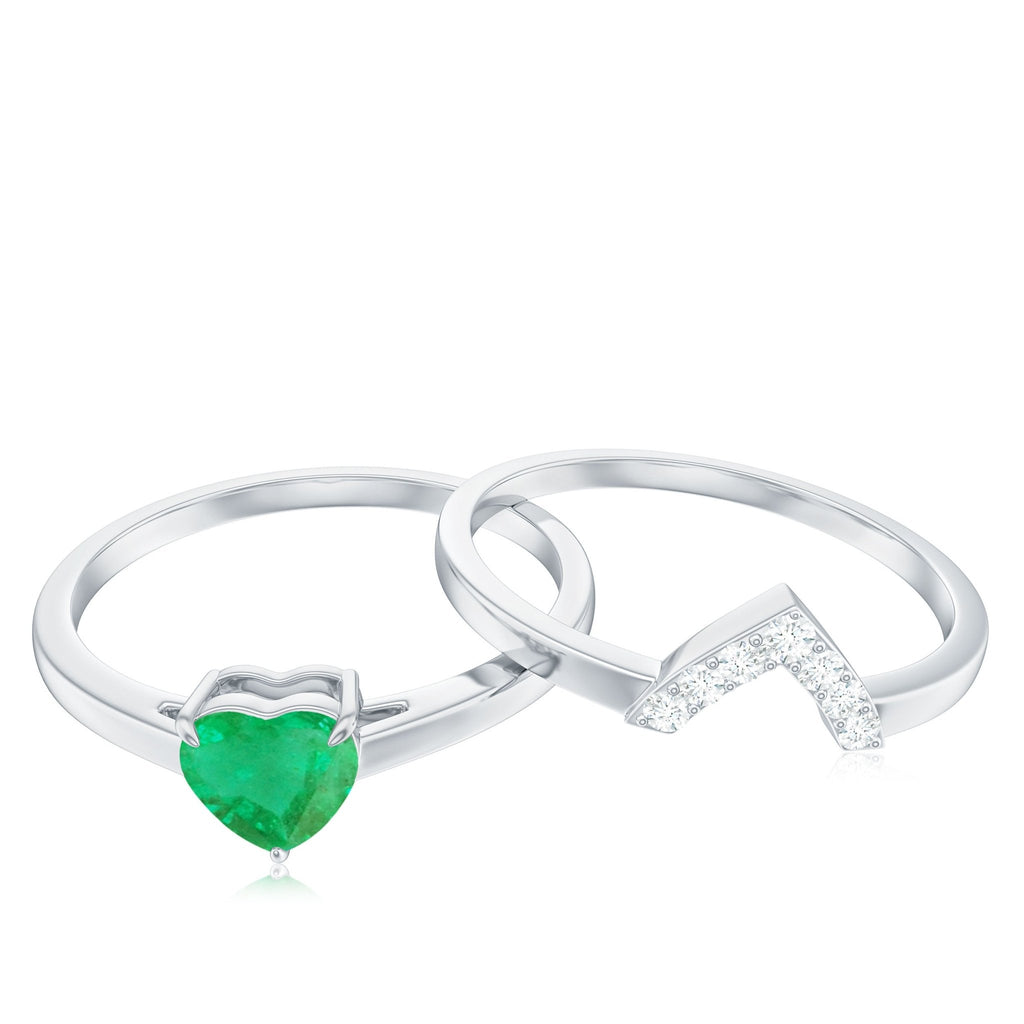 Emerald Diamond Wedding Ring - Heart Shape Solitaire Engagement Ring Set | V Shaped Band