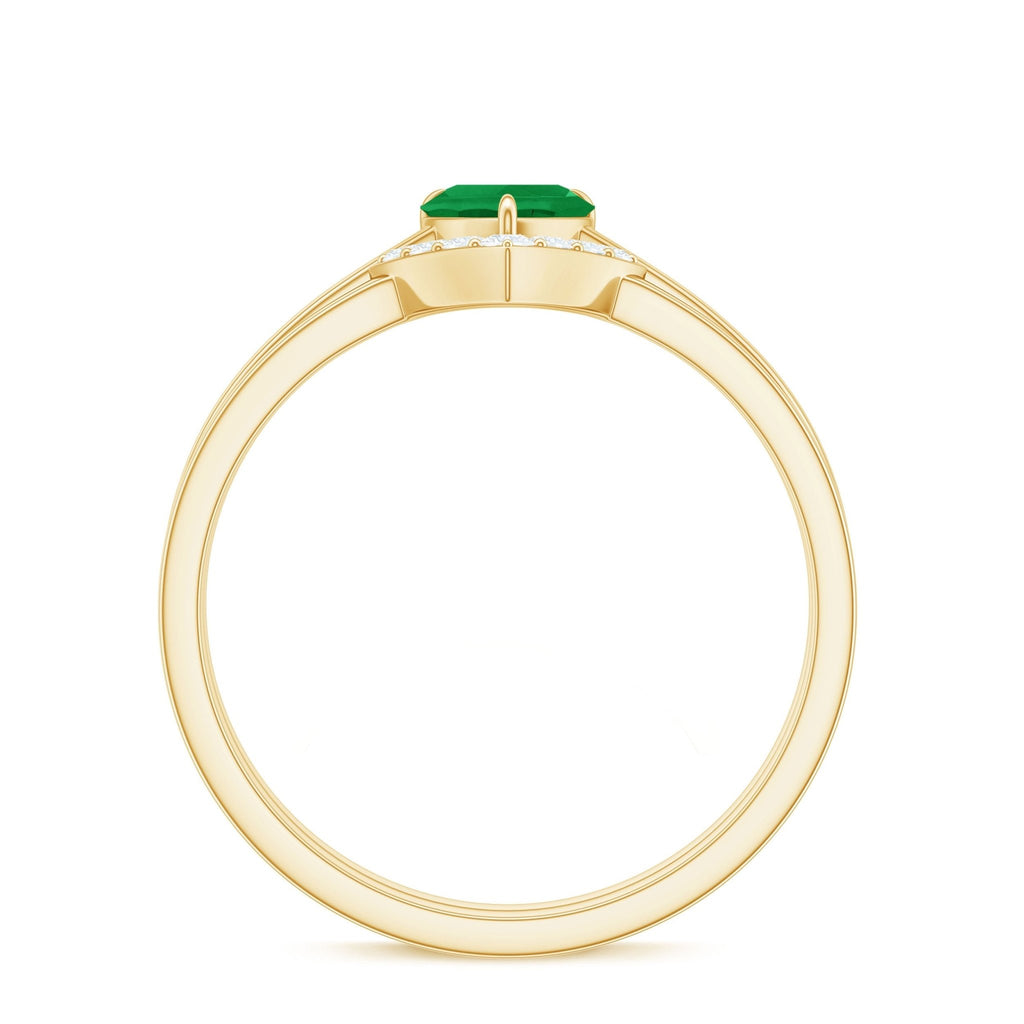 Emerald Diamond Wedding Ring - Heart Shape Solitaire Engagement Ring Set | V Shaped Band