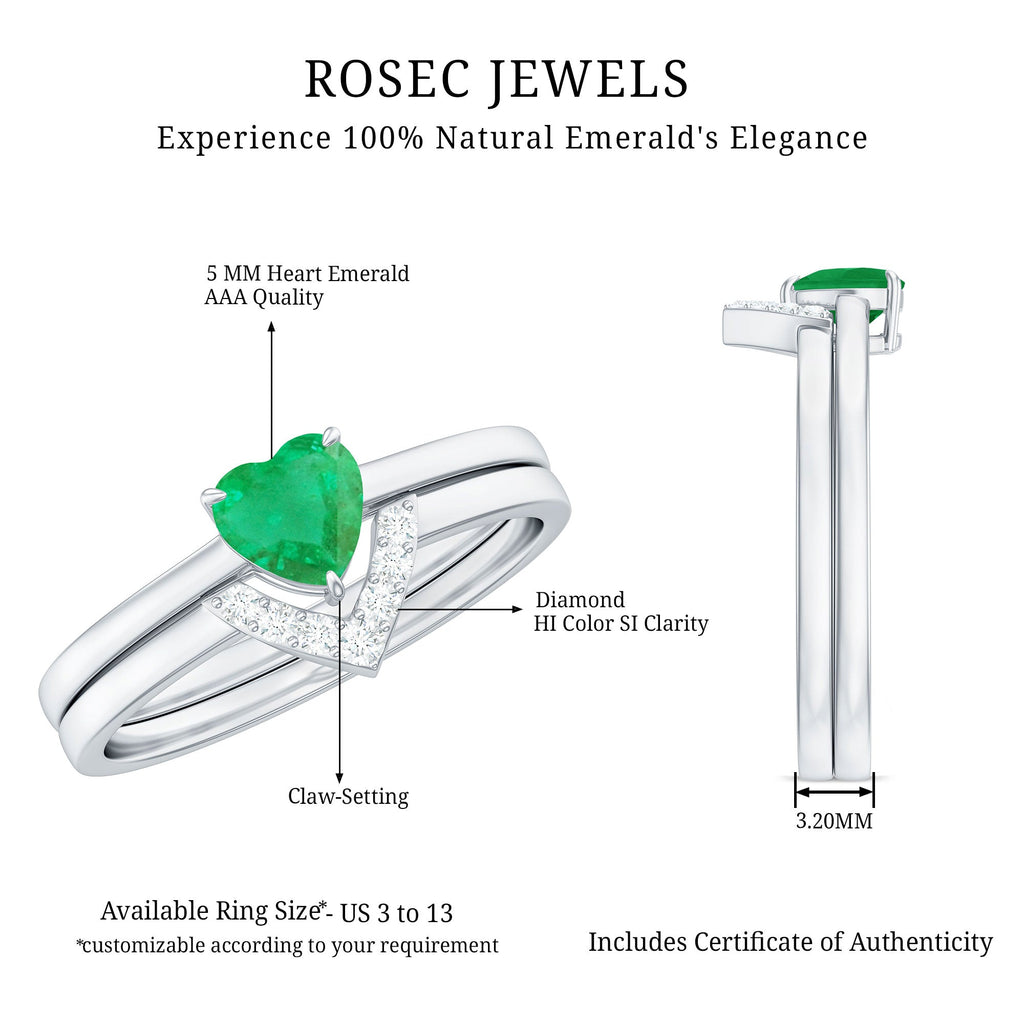 Emerald Diamond Wedding Ring - Heart Shape Solitaire Engagement Ring Set | V Shaped Band