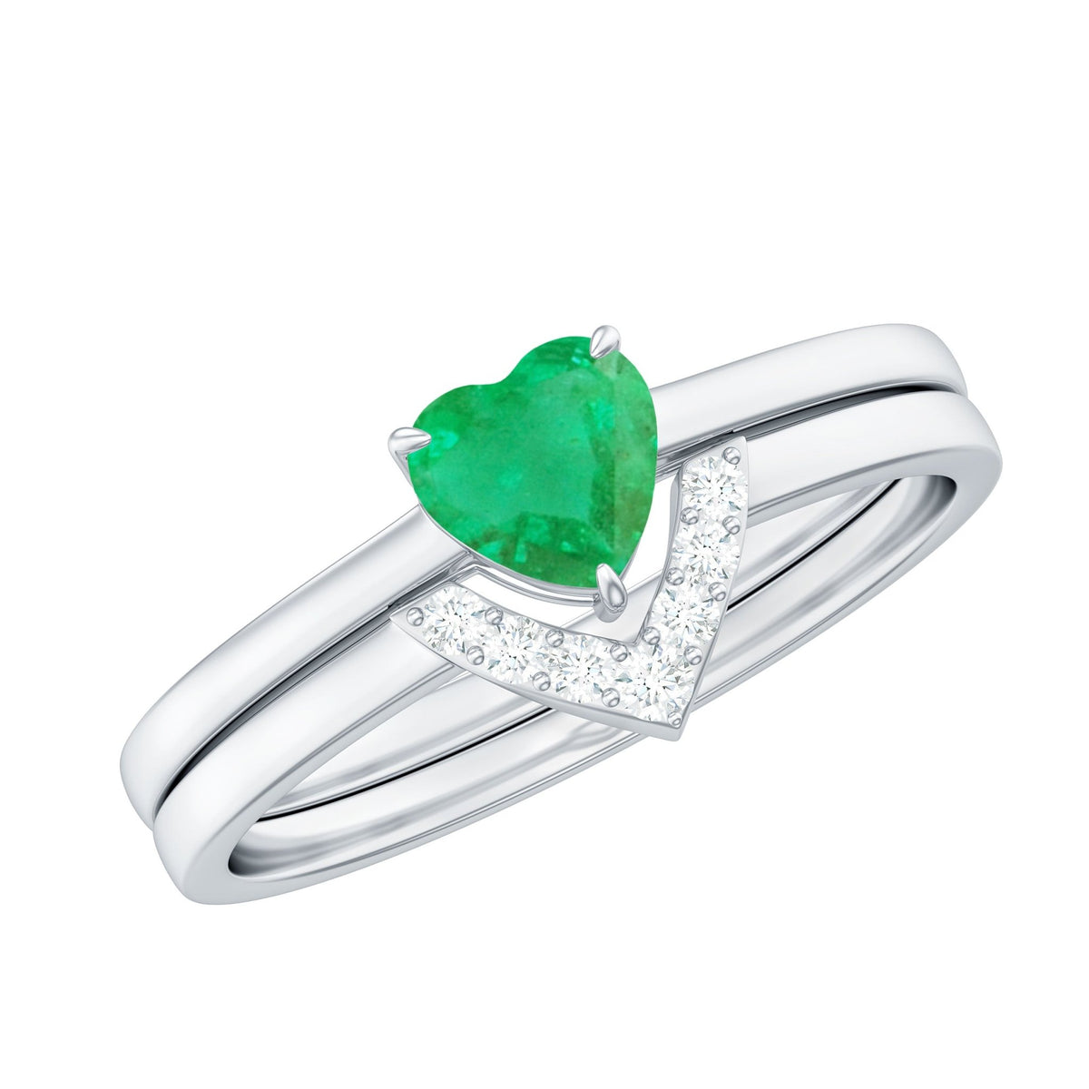 Emerald Diamond Wedding Ring - Heart Shape Solitaire Engagement Ring Set | V Shaped Band