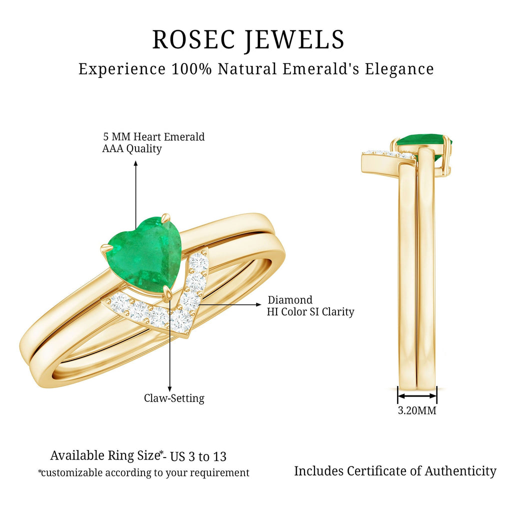 Emerald Diamond Wedding Ring - Heart Shape Solitaire Engagement Ring Set | V Shaped Band