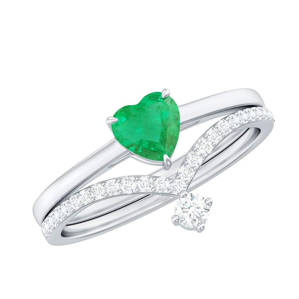 Emerald Diamond Wedding Ring Heart Shaped Ring Set – AAA Quality Emerald & Curved Diamond Band