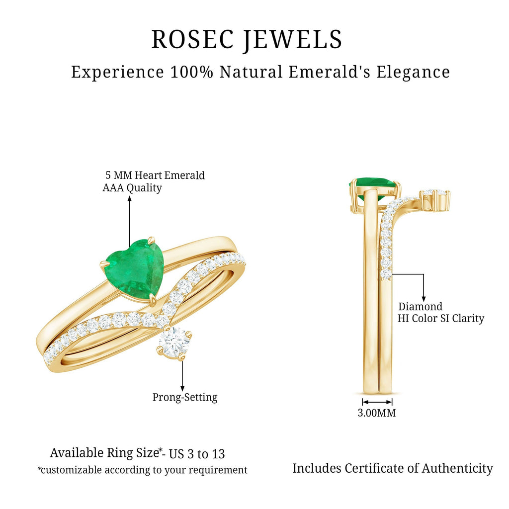Emerald Diamond Wedding Ring Heart Shaped Ring Set – AAA Quality Emerald & Curved Diamond Band