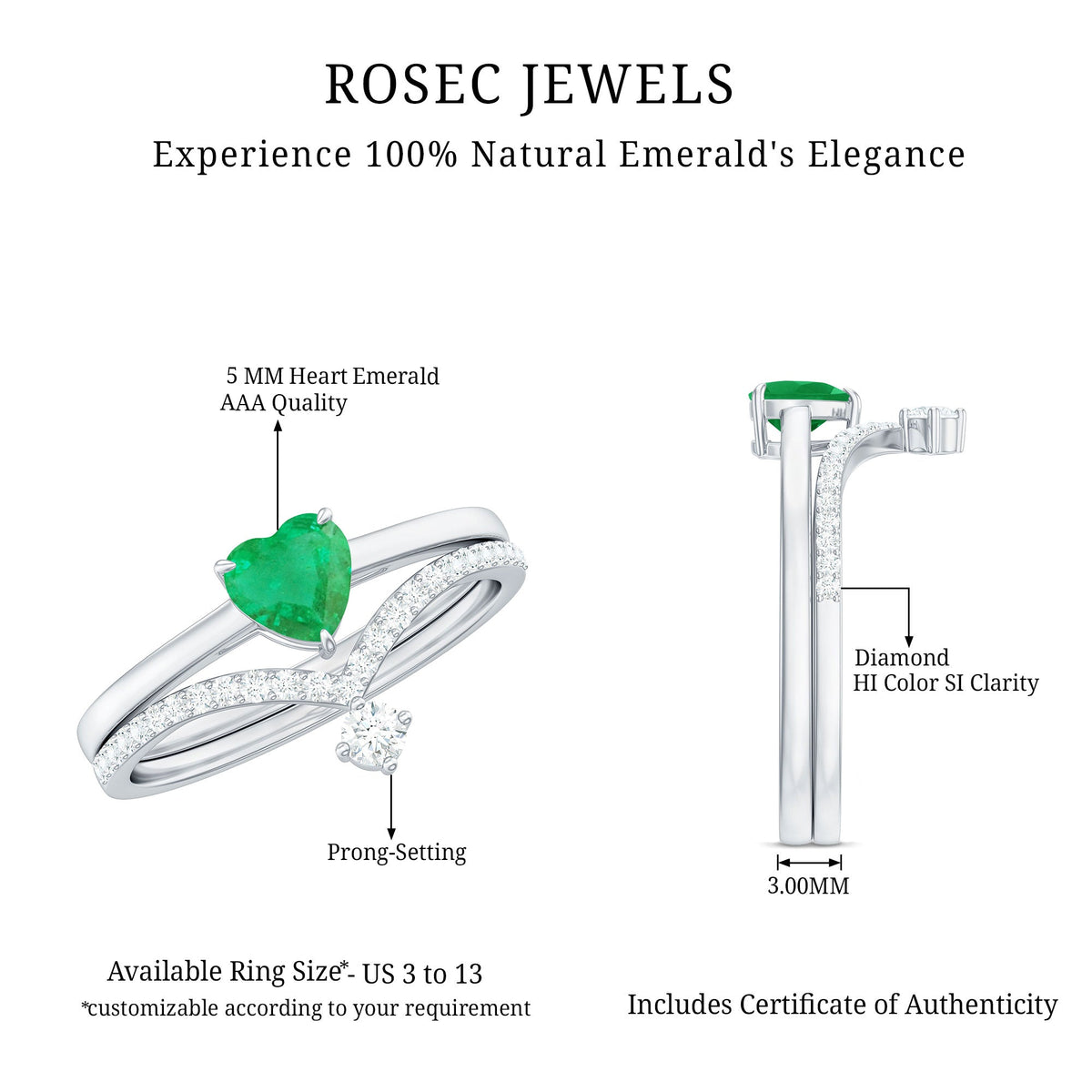 Emerald Diamond Wedding Ring Heart Shaped Ring Set – AAA Quality Emerald & Curved Diamond Band